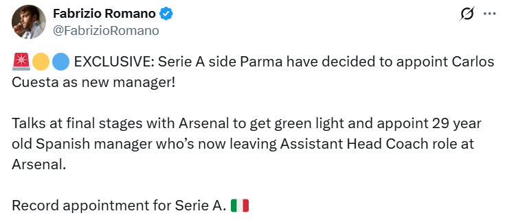 Romano: Trợ lý huấn luyện viên của Arsenal, Quist sẽ trở thành huấn luyện viên mới của Parma, hai bên đang trong giai đoạn đàm phán cuối cùng Romano: Trợ lý huấn luyện viên của Arsenal, Quist sẽ trở thành huấn luyện viên mới của Parma, hai bên đang trong giai đoạn đàm phán cuối cùng